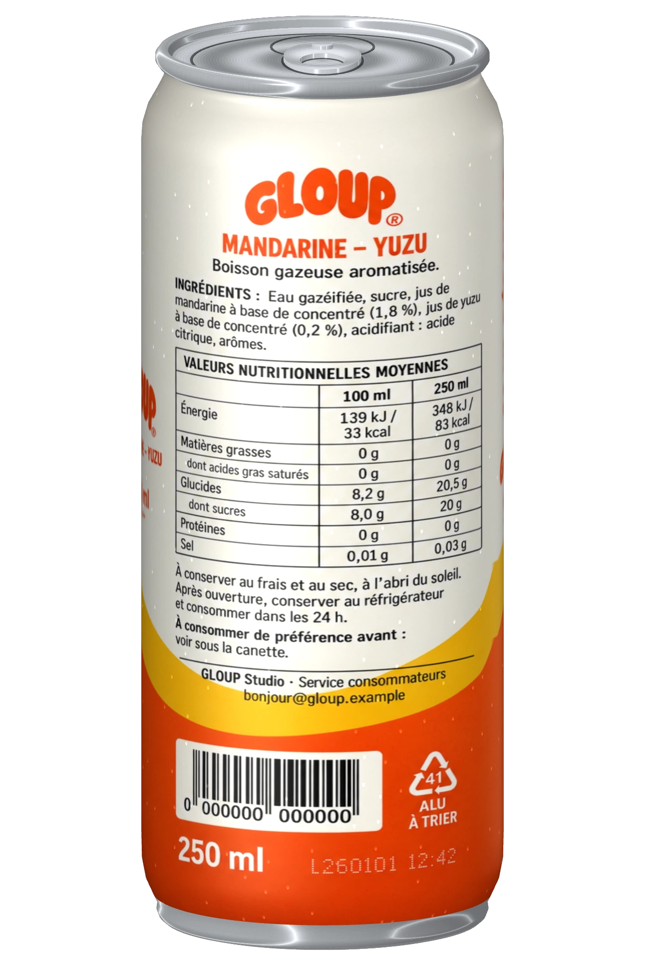 Dos de la canette GLOUP Mandarine & yuzu · 250 ml